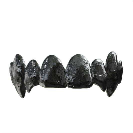 A set of black teeth on a white background.