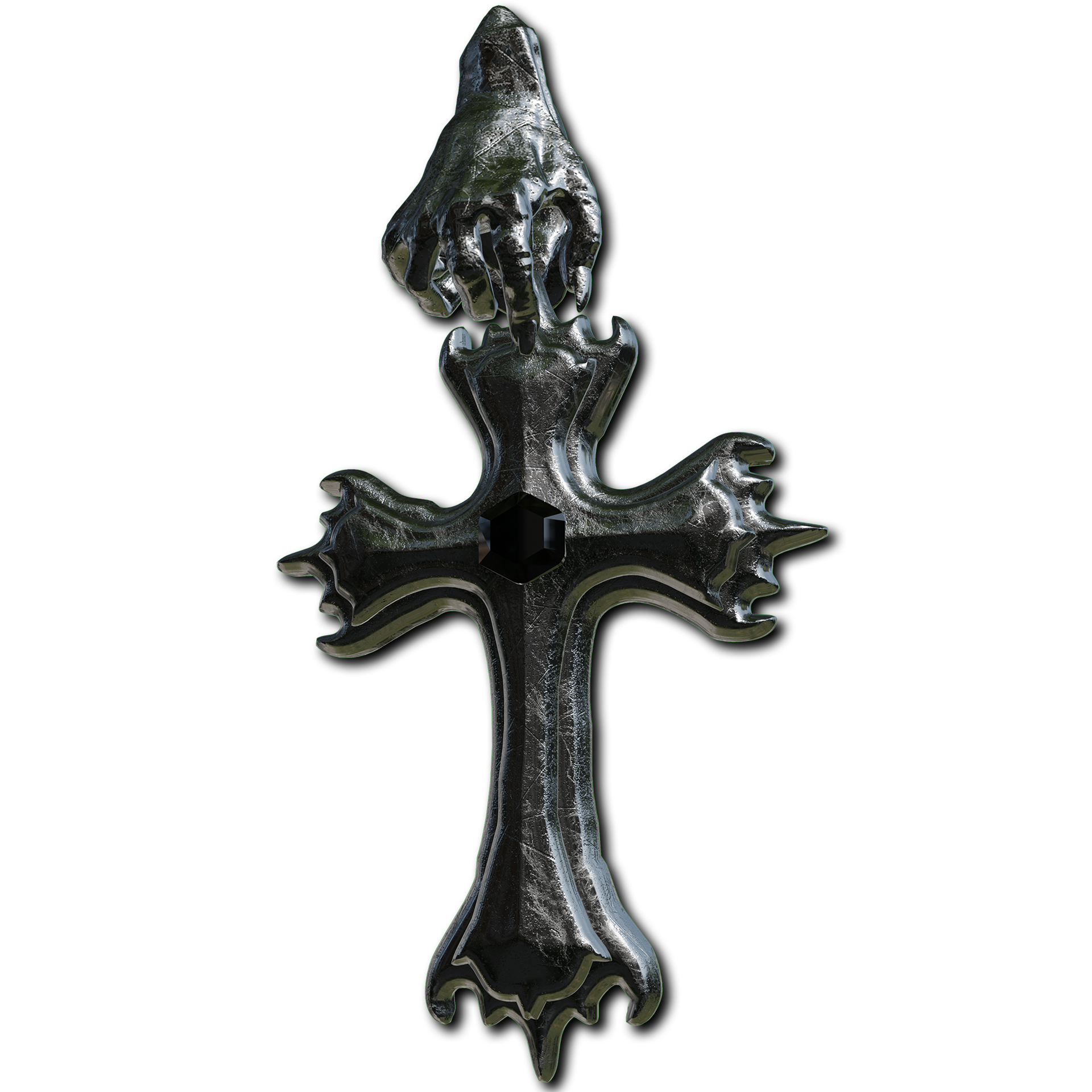 dark funeral cross pendant with a hand charm