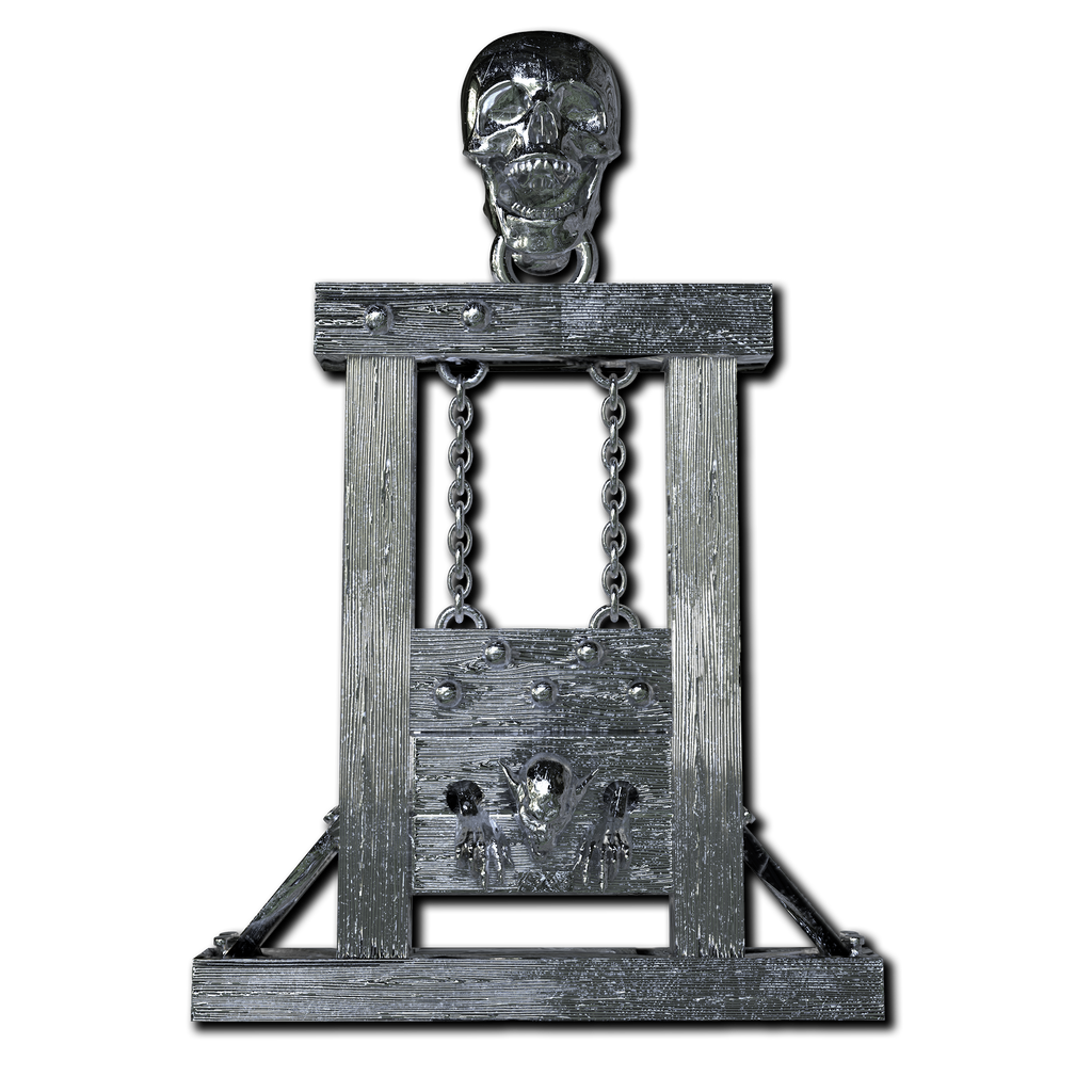 A guillotine pendant with a skull and chain on it.