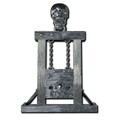 A guillotine pendant with a skull and chain on it.