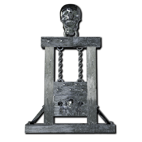 A guillotine pendant with a skull and chain on it.