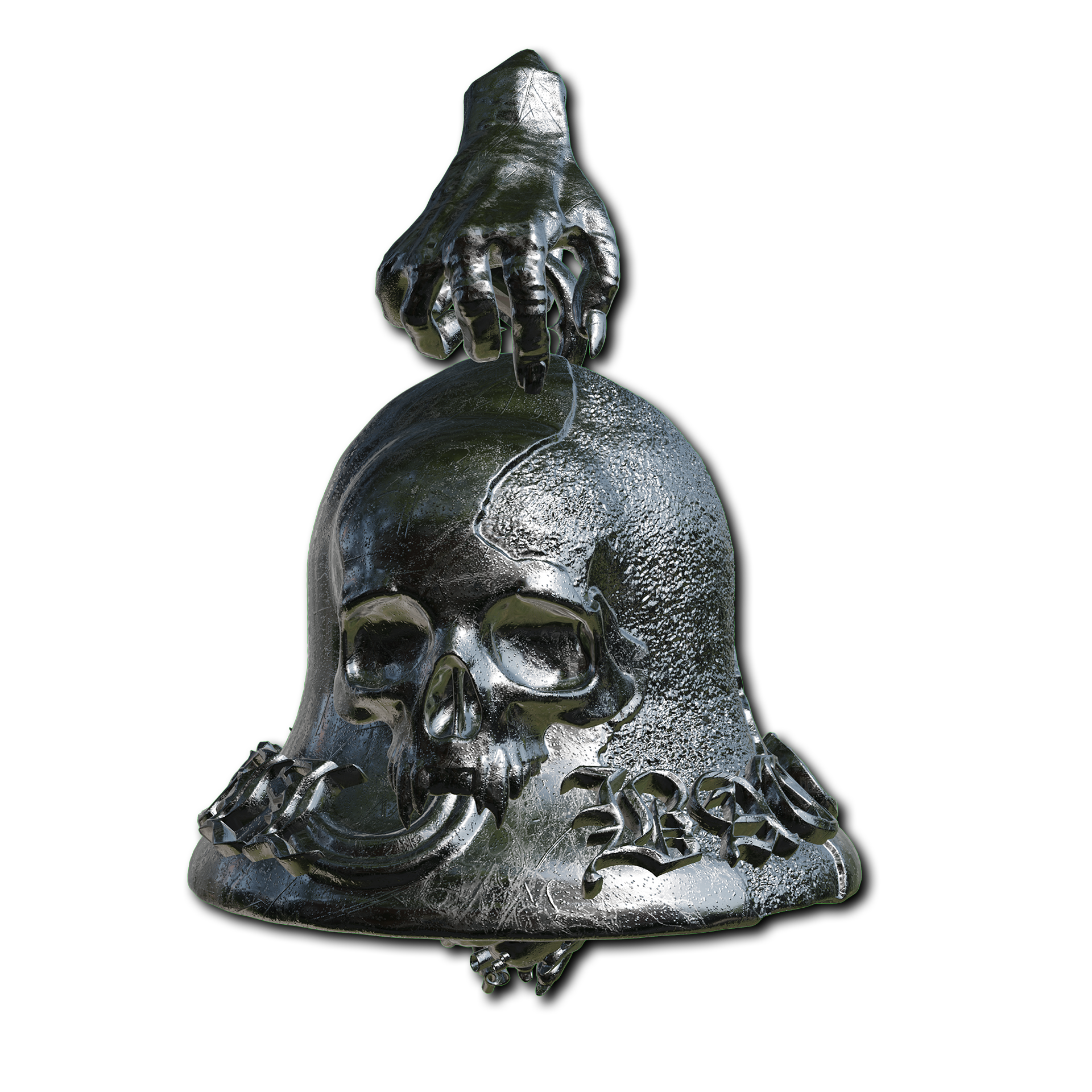 stainless stell bell pendant with a hand and skull